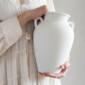 White Ceramic Pottery Barn Vase with Handles - 10" Large Decorative Terracotta Vase for Pampas Grass, Rustic Farmhouse Boho Vases for Home Decor, Living Room, Mantel, Table, Shelf - style: Sandstone White Pottery