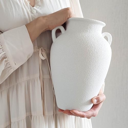 White Ceramic Pottery Barn Vase with Handles - 10" Large Decorative Terracotta Vase for Pampas Grass, Rustic Farmhouse Boho Vases for Home Decor, Living Room, Mantel, Table, Shelf - style: Sandstone White Pottery