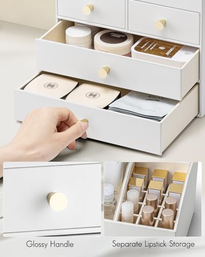 VLANDO Makeup Organizer Countertop,Large Vanity Organizer PU Leather Make up Storage with 4 Drawers Skin care Organizer Cosmetic Display Case for Lipstick,Brushes,Bedroom-White - color: 4 layers-White