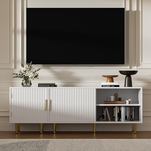 Housoul Combined Modern TV Stand for 55/60/65 inch TV, Small Fluted Entertainment Center with Adjustable Shelf, TV Media Stand with Storage Cabinet, TV Console for Living Room, Bedroom, White - color: White, size: 55" L