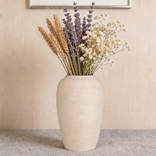 Beige Textured Ceramic Vase (9.8in Tall) - Boho Minimalist Rustic Vase with 3.4in Opening, Neutral Home Decor Vase for Fresh/Dried Flowers, Living Roo - size: 9.8in