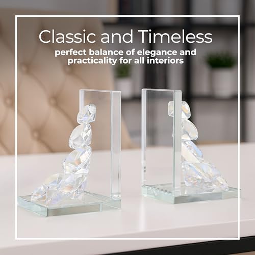 Set of 2 Crystal Diamonds Decorative Bookends – Heavy Duty Modern Shelf Decor Accents with Elegant Geometric Design – Glass Office & Home Decor – 7", Clear & Frosted