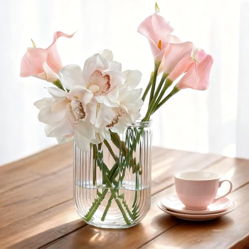 Clear Glass Vase for Flowers, U Shaped Ribbed Flower Vase for Centerpieces, Bouquet, Home Deco Vases 7.28 Inch, Modern Boho Glass Vases for Living Room, Bedroom, Wedding, Housewarming Gift - color: Clear