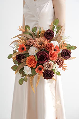 Artificial Flowers Combo Box Set Silk Fake Flowers with Foliage for DIY Wedding Bouquet Cake Flower Table Centerpieces - color: Orange & Burgundy