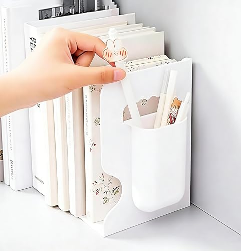 Book Ends with Pen Holder - Adjustable Bookends for Shelves - Desktop Organizer to Hold Books - Office Book Ends Storage Rack Adjustable to 19in for Students, Offices, Study Rooms - Space Saving