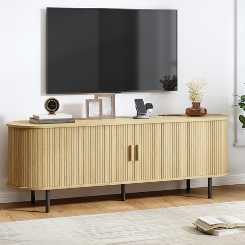 63" TV Stand with Power Outlet, Modern Media Console with Sliding Doors, Entertainment Center for TVs up to 60 Inch, Adjustable Shelves, Oak - color: Oak, size: 63 Inch