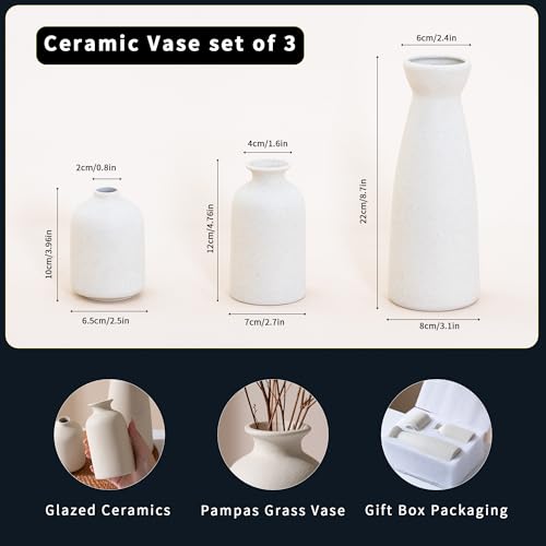 Ceramic Small Vase Set of 3,Modern Boho Farmhouse Home Decor,Pampas Grass Vase,Minimalist Decor,for Entryway Table,Bookshelf,Living Room, Bedroom,Kitchen,Coffee Table Decoration (White) - color: Beige Set 3