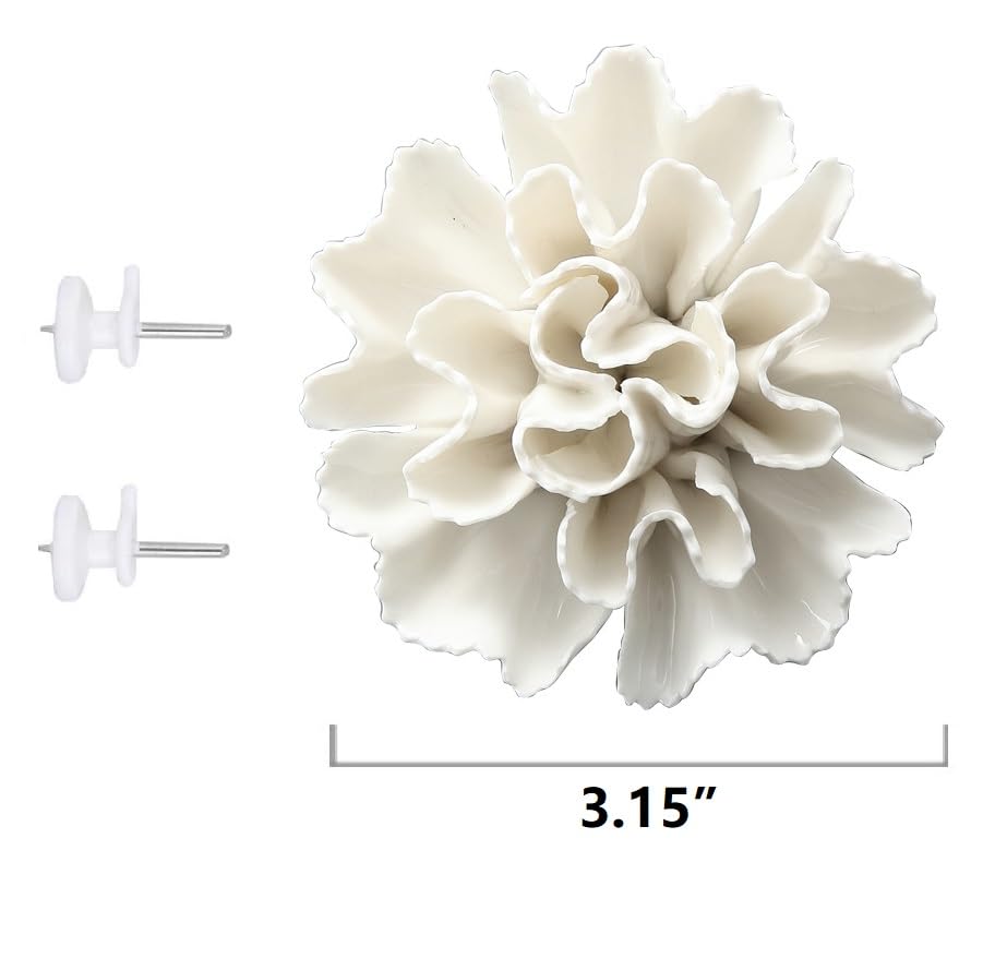 AMERRY Carnation 3.15" Ceramic 3D Wall Art, Handmade Porcelain Flower Wall Decor for Home Office Decor (White) - color: White,Carnation，3.15"