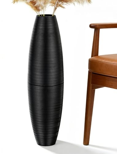 Sziqiqi Black Tall Floor Vases: 27.5in Metal Extra Large Decorative Vase for Pampas Grass Fake Plant Dried Flowers - Detachable Ribbed Big Standing Vase for Living Room Indoor Fireplace Home Decor