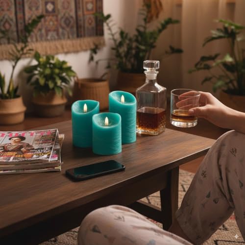 VENTA Turquoise Real Wax Flameless Candles, Set of 3 | Realistic Teal LED Pillar Candles with Remote & Timer | Perfect for Coastal, Beach House & Nautical Decor - color: Turquoise