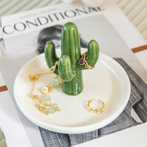 Cactus Ring Holder Dish, Ceramic Jewelry Tray Trinket Dish for Necklace Keychain Organizer, Cute Funny Birthday Wedding Mothers Day Gift for Women Friends Girls - style: Cactus