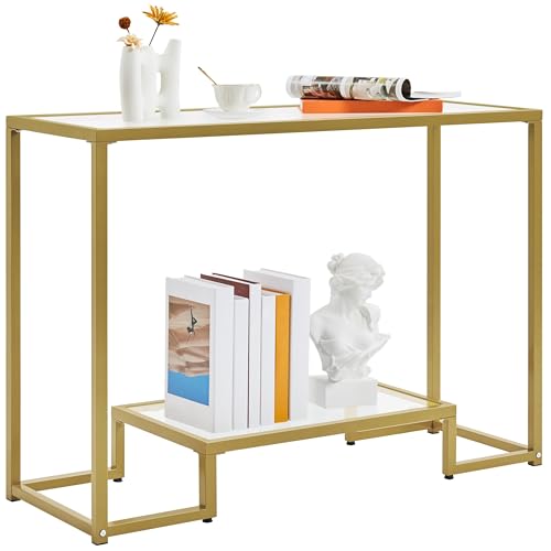 Yaheetech 42 Inch Console Table, Tempered Glass Entryway Table, Narrow Sofa Tables, 2-Tier Hallway Tables, Entrance Stand for Living Room Bedroom, Gold - color: Gold