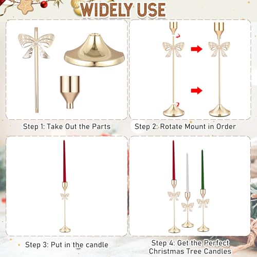 Ceenna 3 Pcs Gold Bow Taper Candle Holders, 3 Size Gold Bowknot Candlestick Holders, Candle Holder Vintage Decorative for Table Centerpiece Mantel Decor Holiday Housewarming Gifts - style: Bowknot