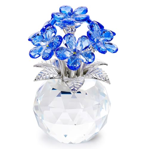 YWHL Blue Crystal Forget Me Not Flowers Gifts for Women, Handmade Glass Flower Bouquet Collectible Figurine for Tabletop Centerpieces - color: Blue
