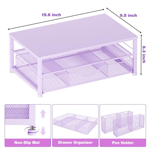 OPNICE Desk Organizers and Accessories, 2-Tier Computer Monitor Stand Riser with Drawer and 2 Pen Holders, Laptop Stand, Office Desk Accessories & Office Decor for Women, Purple - color: Purple 1-Pack