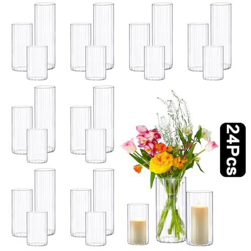 PHOSPHOR 24 Pcs Hurricane Candle Holders for Pillar Candle 6'', 8'', 10'' Tall Glass Cylinder Centerpieces Vases Floral - color: Striped Glass 24 Pcs