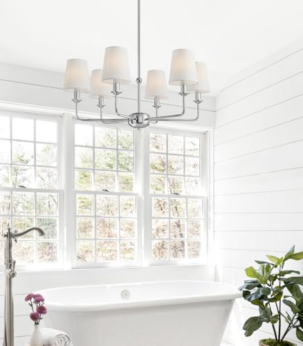 Modern 6 Light Chrome Chandelier with White Fabric Shades Elegant Ceiling Light,Farmhouse & Industrial Pendant Chandelier for Dining Room Living Room Bedroom,E12 Base - color: Chrome