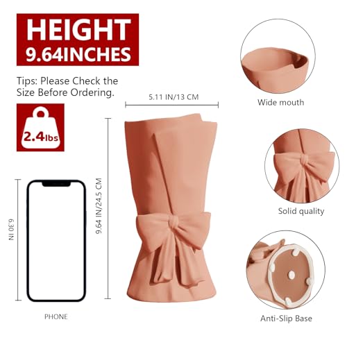 Relexome Pink Ceramic Bow Vase 9.64 in Unique Cute Modern Decorative Bouquet Flower Vases for Home Living Room Table Decor Women Girl Gifts - color: Pink