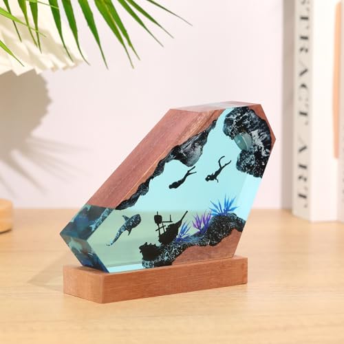 Ocean Creative Epoxy Resin Wood Light Lamp, Handmade Multi Color Aquatic Ocean Lamp Deep Sea Diver Cave Diving Enthusiasts Led Night Light Desktop Decor Christmas Birthday Gift (Couple Diver, S) - color: Couple Diver