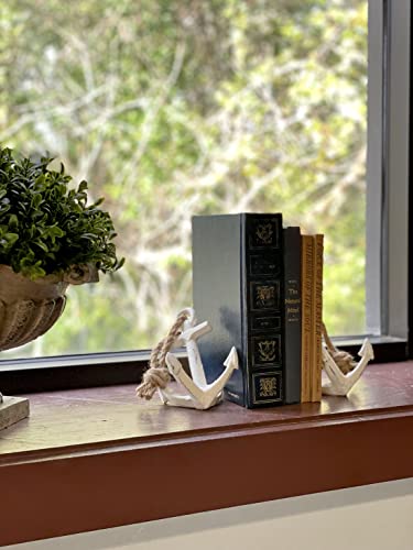 Pair of Timeless Antique White Cast Iron Boat Anchor Bookends - Nautical Home Decor Sculptures for Stylish Bookshelf Accents, 4.5 Inches Long - Maritime Elegance - color: Anchor - White