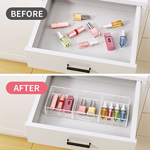 HIIMIEI 3 Section Clear Acrylic Drawer Organizer Tray, Office & Makeup Drawer Organizer (11.8x4.3 inch) - size: 4'' x 12''