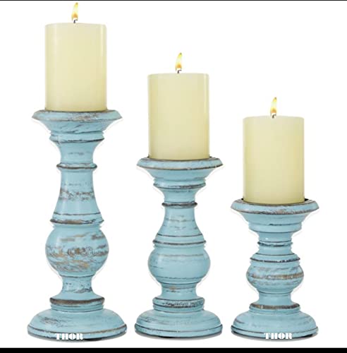 Decorative Light Blue Wood Turned Style Pillar Candle Holder with Distressed Finish, Set of 3 6", 8", 10" H, Light Blue