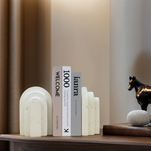 Decorative Book Ends for Shelves - Boho Aesthetic Bookends Decor - Heavy Duty Travertine Book Stopper Holder for Home Office Desk Coffee Table, Gifts for Book Lovers (Light Yellow) - color: Light Yellow
