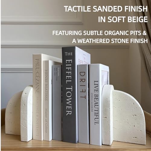 Concrete Bookends Decorative for Heavy Books - Travertine-Inspired Texture, Non-Slip Base, Soft Beige Decorative Bookends for Shelves, Minimalist Home Office Decor