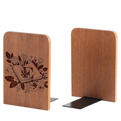 Wood Bookends, Book Ends for Shelves with Decorative Alphabet A and Z Design - Heavy Duty Iron & Ebony Wood Book Ends for Shelves Bookcase Desk - 1 Pair - E - color: E