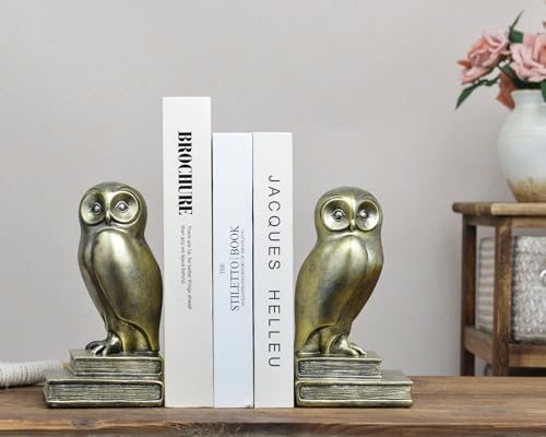 Vintage Gold Owl Bookends,Resin Animal Decorative Book Ends for Shelves,Book Holder with Anti-Slip Base,Luxurious Bird Bookends for Kids Rooms Office Home Decor,Unique Book Lover Gift - color: Gold