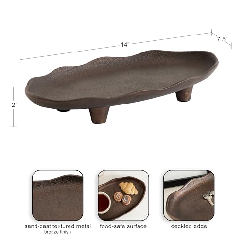 Kate and Laurel Alessia Modern Decorative Scalloped Oval Footed Metal Tray; 14 x 8; Bronze; Transitional Food-Safe Cast Aluminum Pedestal Tray with Rough Texture and Deckled Edge - color: Bronze