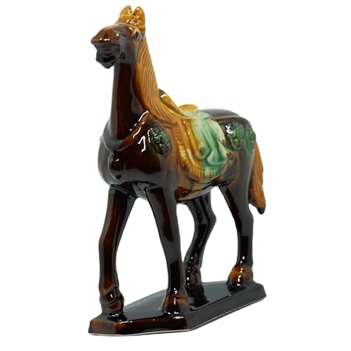 Handmade -Tang Dynasty Tri-Color Horse Sculpture Ceramic Horse-19cm Cultural Art Piece for Home,Bookcase or Office Decor (Brown) - color: Brown