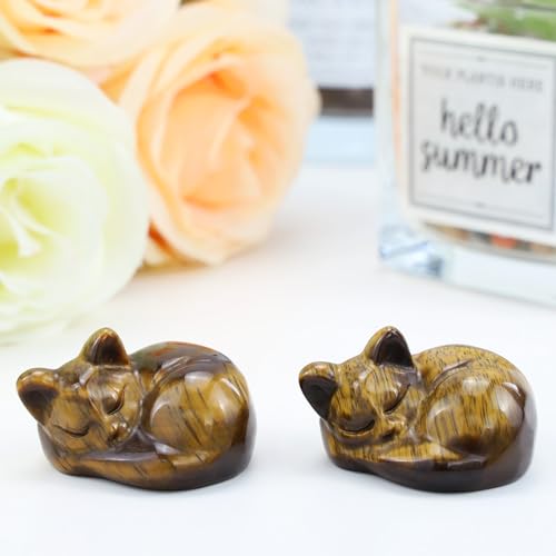QINJIEJIE Tiger Eye Cat Decor Crystal Figurine Sleeping Healing Crystal 1.6" Hand Polished Gemstones Decor Cute Kitten Sculpture Reiki Room Desk Decoration Cat Gifts for Women Men Stocking Stuffers - color: D-tiger Eye, size: 1.5 inches