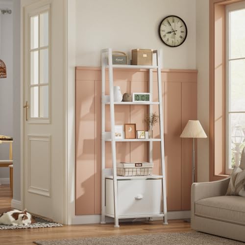 Furologee 5-Tier White Ladder Shelf, Ladder Bookshelf with Removable Drawer, Mordern Bookcase Storage Rack Organizer, Wood Metal Freestanding Storage Shelves for Living Room, Home Office, Bedroom - color: White, size: 5-Tier, 15" W