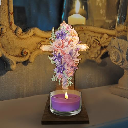 BAYUNOE DIY Candlestick Holders Wooden Desktop Diamond Art Painting Candle Holder Double-Sided Diamond Vintage Modern Decorative for Table Mantel Wedding Dinning Party-Flower Cross02 - color: Flower Cross02