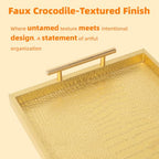 Set of 2 Modern Elegant Large Wood Serving Tray, Rectangle Decorative Tray Ottoman Tay Coffee Table Tray, Gold Crocodile Leather with Gold Polished Metal Handles - style: Golden Crocodile Tray