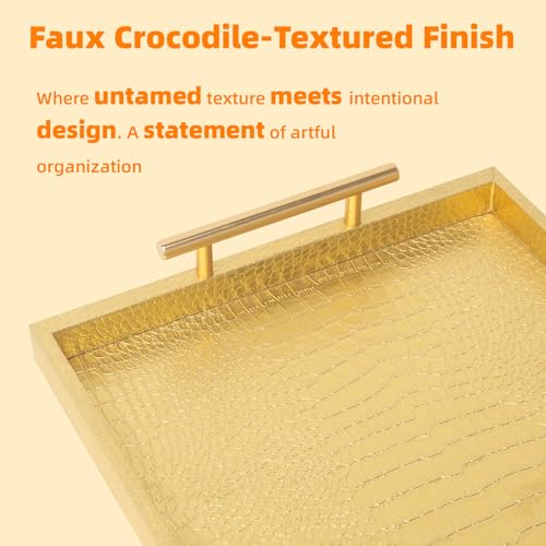 Set of 2 Modern Elegant Large Wood Serving Tray, Rectangle Decorative Tray Ottoman Tay Coffee Table Tray, Gold Crocodile Leather with Gold Polished Metal Handles - style: Golden Crocodile Tray