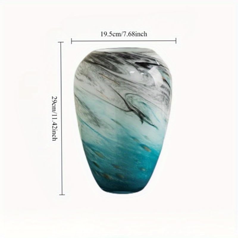 11" H Teal Glass Vases for Flowers, Unique Hand Blown Glass Vase Blue Home Decor, Wide Mouth Colorful Flower Vase Centerpieces, for Living Room Table Bookshelf, Bathroom Office Shelf Decorative