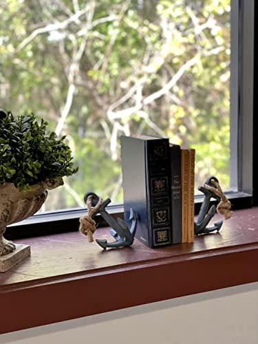 Set of 2 Blue Cast Iron Boat Anchor Bookends: Nautical Home Decor Sculptures Standing 4.75 Inches High, Perfect for Adding Maritime Charm to Your Bookshelves - color: Anchor - Blue