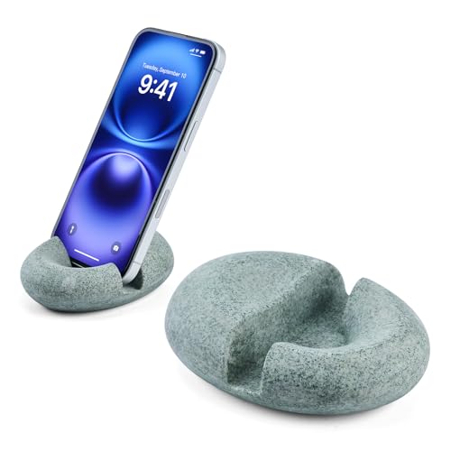 Artificial Stone Cell Phone Stand for Desk Handcraft Pebble Shape Minimalist Decor for Desk Kitchen Counter Office Easy of Use Sturdy and Stable(Green Granite Rock Style) - style: green granite stone