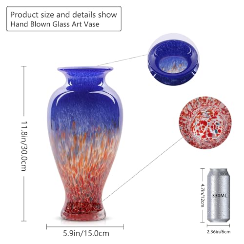 11.8" Tall Blue Glass Vase Beautiful Hand Blown Glass Vase Modern Art Home Decor, Wide Mouth Colorful Vases for Mantle Dining Table Centerpiece, Entryway Living Room Wedding Decoration - color: Blue