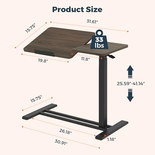 Adjustable Overbed Bedside Table with Wheels, Pneumatic Tilting Desktop Mobile Standing Desk, Rolling Laptop Desk for Bed, Sofa, or Hospital Use, (31.6" W x 15.7" D, Mahogany)