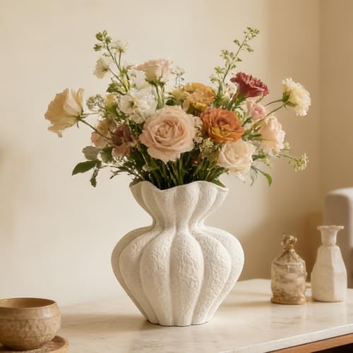White Ceramic Vase, 8.2 Inch Modern Boho White Flower Vase for Home Decor, Unique Vase for Farmhouse Living Room Cabinet Table Centerpieces Wedding Decorations - size: Large
