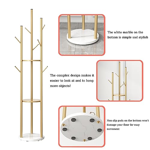Gold Coat Racks Freestanding with 9 Hooks, Metal Coat Stand with Heavy Marble Base, Entryway Coat Tree Hanger, Purses Racks - style: Coat-13''W