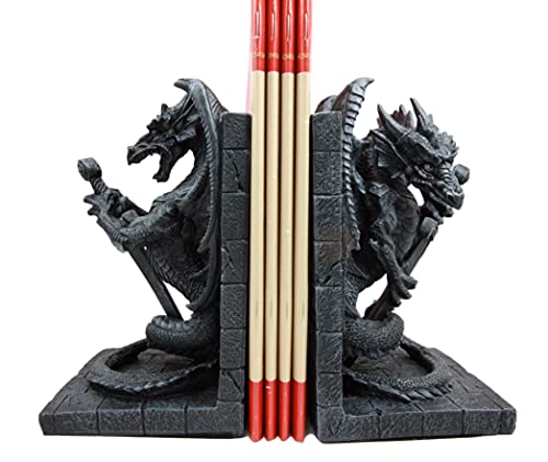 Ebros Gothic Excalibur Sword Guardian Dragon Pair Bookend Set of Two Figurine Faux Stone Sculpture As Renaissance Medieval Fantasy Decor Ancient Serpent Drake Creature for LOTR GOT Fans