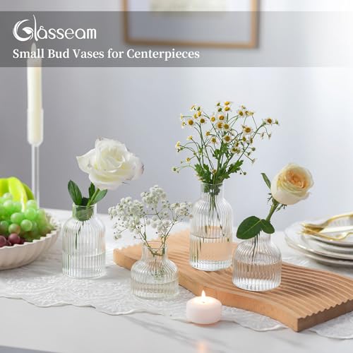 Glasseam Glass Bud Vases for Centerpieces: Modern Small Flower Vase Set of 4 for Home Decor - Clear Mini Table Centerpieces for Minimalist Living Room Shelf Kitchen Wedding Party Decorations - color: Clear- Narrow Ribbed