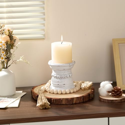 Wooden Candle Holder with Metal Cup - Rustic 4 Inch Pillar Candles Pedestal Stand for Tabletop, Fireplace, Decorative Beaded Candlestick Holders for Farmhouse Vintage Home Decor - White - color: Distressed White
