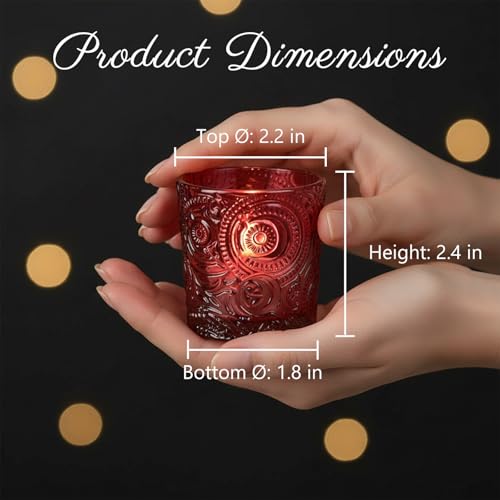 6 Pack Patented Sun Moon Star Embossed Glass Tea Light Candle Holders - Unique Votive Candle Holders for Wedding, Party, and Table Centerpieces (Wildberry Red) - color: Wildberry Red