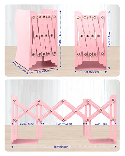 Honagu Adjustable Bookends, Metal Book Ends for Shelves Heavy Book, Desk Magazine File Organizer for Home, Office, Books, Papers, Extends up to 19 inches, for Students,Teachers (Pink) - color: Pink