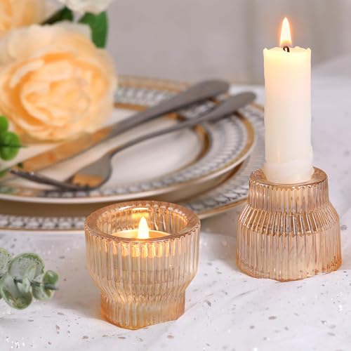 HAVITI 12 Pack Gold Taper Candle Holders, Glass Candlestick Holders, Tea Light Candle Holder for Fall Wedding Centerpieces Table Decorations, Votive Candle Holders for Table Decor - color: Gold